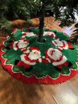 Vintage Christmas Tree Skirt Handmade Latch Hook Rug Dancing Santas Red Green - £39.12 GBP