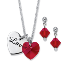 Red Crystal Beaded Earrings Silvertone Heart Necklace Set - £71.93 GBP