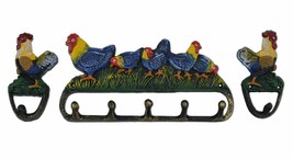 Rooster &amp; Chickens Wall Hook 3 Pc Set Colorful Painted Cast Iron Country... - $24.18