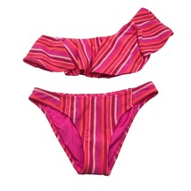 Trina Turk Bikini Marai Asymmetric Ruffle Top Hipster Bottom Striped Pink Red 6 - £49.18 GBP