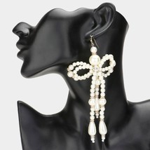 Gold and Cream Pearl Dangle Earrings 5.25&quot; Oversized Bow Beaded Statement - £25.03 GBP