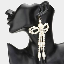 Gold and Cream Pearl Dangle Earrings 5.25&quot; Oversized Bow Beaded Statement - £24.78 GBP