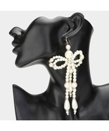 Gold and Cream Pearl Dangle Earrings 5.25&quot; Oversized Bow Beaded Statement - $31.68