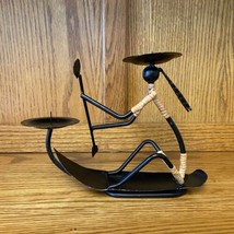 Primitive African Folk Art Metal Rattan Canoe Rowing Figure Candle Holder - £14.12 GBP