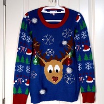 Bongo Reindeer Ugly Christmas Sweater Sequins Embellished Size Medium - £14.00 GBP