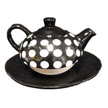 Vintage Black and White Teapot Polka Dot Pier One Imports Ceramic Tea &amp; Tray - £11.87 GBP