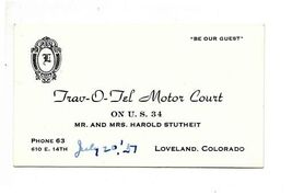 Trav O Tel Motor Court Business Card US 34 Loveland Colorado 1957 - $13.86