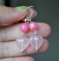 Rose quartz heart pink gemstone 925 silver handmade Earring - $14.99