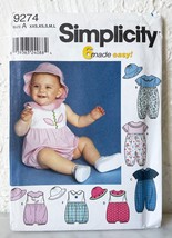 Simplicity Rompers Hat 6 Made Easy Sewing Pattern 9274 XXS-L Babies Up to 24 Lbs - £7.52 GBP