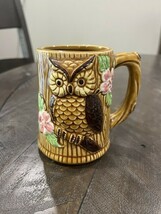 Vintage Owl Mug Brinns Ceramic Tree Stump 3-D Flowers - $14.84
