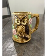 Vintage Owl Mug Brinns Ceramic Tree Stump 3-D Flowers - $14.84