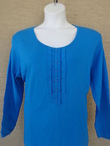  Being Casual 3X Fine Ribbed Cotton L/S Ruffled Scoop Neck Front Top Br. Blue  - £9.07 GBP
