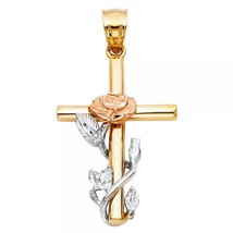14K Tri Color Gold Religious Cross with Rose Pendant - £236.55 GBP