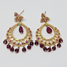 Kundan Ethnic Dangle Hoop Stud Earrings Gold Tone Spinel Red Amethyst Stone - £18.28 GBP