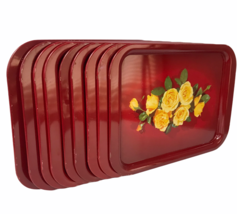 Metal Serving Lap TV Trays Red With Yellow Roses Mid Century Vintage Lot Of 9 - £46.81 GBP