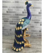 Ahura Ceramic Colorful Peacock 24Kt Gold Statue on Trunk Swarovski Cryst... - $2,400.00