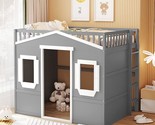 Full Size House Shaped Loft Bed With Windows And Ladder, Solid Wood Loft... - £631.08 GBP