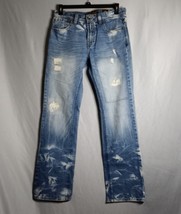Akoo Brand Men&#39;s Straight Leg Distressed Lightening Detail Medium Wash Jeans 40 - £31.80 GBP