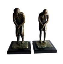Circa 1920&#39;s Pair of Bronze Male &amp; Female Golfer Bookends on Plinth - £166.50 GBP