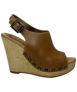 Sam Edelman Camilla Peep Toe Wooden Wedge Studded Detail Saddle Brown Le... - $54.14 CAD