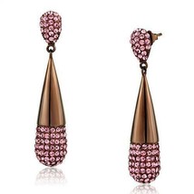 Brown Plated Stainless Steel Pink Crystal Teardrop Dangle Earrings TK316 - $20.90