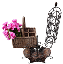 Wicker Rattan 6 bottle Carrier Iron Wine Rack &amp; Caddy W/ Rose Flowers 4pc VTG - £70.88 GBP