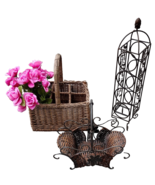 Wicker Rattan 6 bottle Carrier Iron Wine Rack &amp; Caddy W/ Rose Flowers 4p... - $89.99