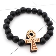 Black Egyptian Ankh Cross Bracelet Round Wooden Bead Beaded Bangle Jewelry 7.5&quot; - £13.41 GBP