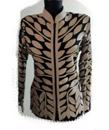 Womens Beige Leather Jacket for Woman Zip Short Leaf Design Handmade Mes... - £176.93 GBP