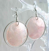 Translucent Pink Shell Silver-tone Pierced Hoop Earrings 1990s vintage  2 1/4&quot; - £9.67 GBP