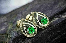 2.00Ct Round Cut Green Emerald Pear Shape Stud Earrings 14K Yellow Gold Finish - £83.89 GBP