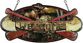 River&#39;s Edge Welcome Metal Sign Canoe Moose Hanging 24&quot;x12&quot; Cabin Lodge Camp - £46.91 GBP