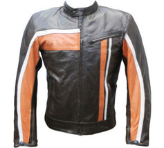 Men Motorcycle Jacket Racer Black Real Leather Orange White Stripe Biker... - £127.88 GBP