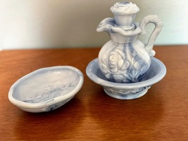 Vintage Avon Victoriana Blue Slag Glass Pitcher, Bowl, and Soap Dish May 1978  - £25.46 GBP