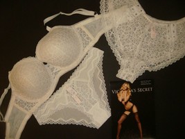 Victoria&#39;s Secret 34C,34DDD BRA SET M shorts COCONUT white lace up ivory floral - £94.83 GBP