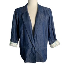 Kensie Chambray Blazer Jacket 1X Blue Floral Lined 3/4 Sleeves Button St... - £25.43 GBP