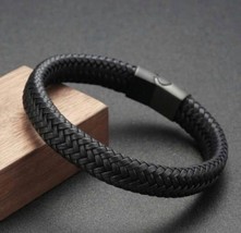 Mens Fashion Handmade Leather Braided Magnetic Clasp Stainless Steel Bracelet - £13.18 GBP
