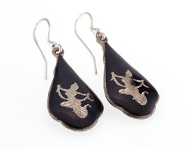 Vintage Argent Sterling Siamois Niello Gravé Goutte Boucles Double Face - $115.42