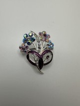 Vintage Enamel Silver Tone Rhinestone Flower Brooch Pin 4.4cm - £15.58 GBP