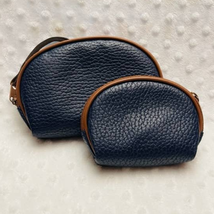 Vintage 80s Navy Blue Textured Leather Wristlet &amp; Coin Purse w/ Brown Ac... - £11.73 GBP