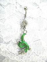 New Green Chinese Dragon Charm Dangling On Dazzling 14g Clear Cz Belly Ring Bar - £4.77 GBP