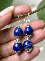 925 Sterling Silver + 10 mm Rnd Beads Original Lapis Lazuli Earrings Ene... - $15.80