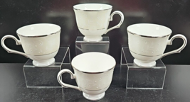 4 Lenox Opal Innocence Footed Cups Set White Floral Dot Platinum Trim Dishes Lot - £70.95 GBP