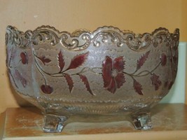 Antique 9.5&quot; EAPG US Glass Flora Dora Bohemian Stain Gold Gilt Bowl Ruby Flash - £60.61 GBP