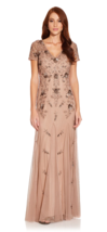 Adrianna Papell Rose Gold Beaded Godet Gown with Sheer Short Sleeves   0  $349 - £189.13 GBP