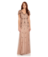 Adrianna Papell Rose Gold Beaded Godet Gown with Sheer Short Sleeves   0... - £189.13 GBP