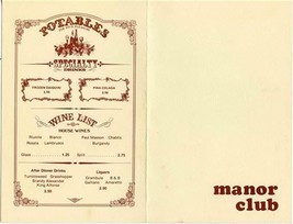 Manor Club Dinners and Potables Menu 1970&#39;s - £13.93 GBP