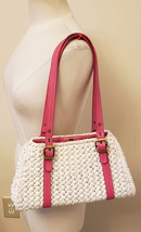 Trina Turk Handbag/Shoulder Bag White Woven Pattern with Pink Handles - £39.95 GBP