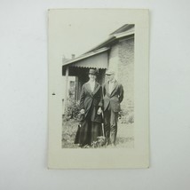 RPPC Photo Postcard Young Man &amp; Woman Glasses Stand Outside House Antique 1910s - £7.98 GBP