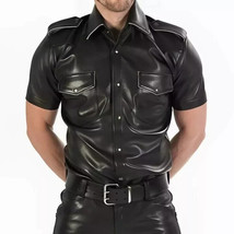 Men's Real Black Leather Police Shirt Gay Biker Schwarz Cuir Lederhemd Piping - $94.04